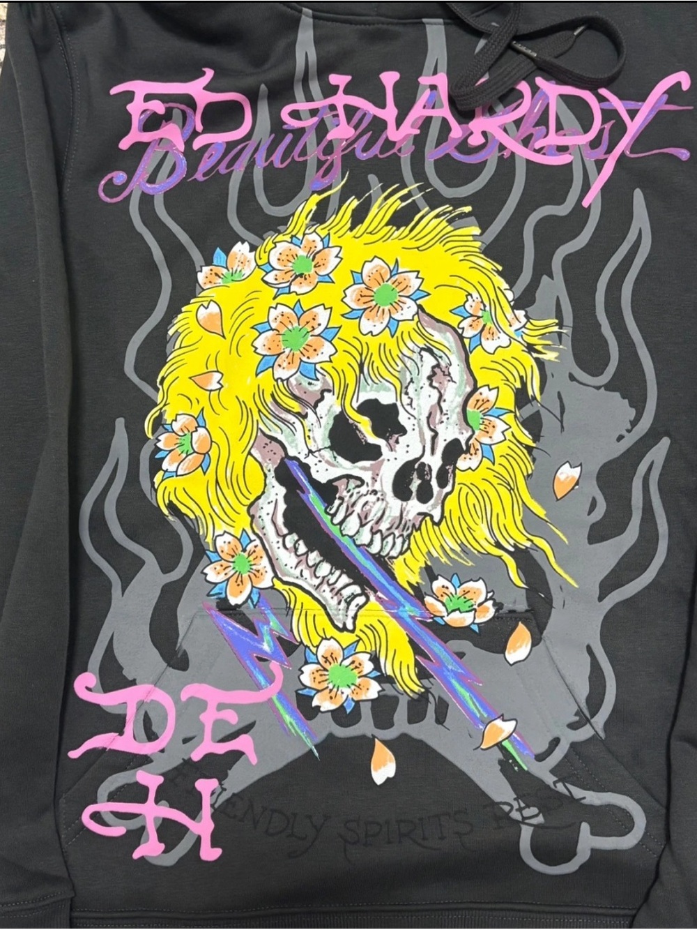 Ed Hardy Black Hoodie with Yellow Floral Skull Graphic - Picture 6 of 9